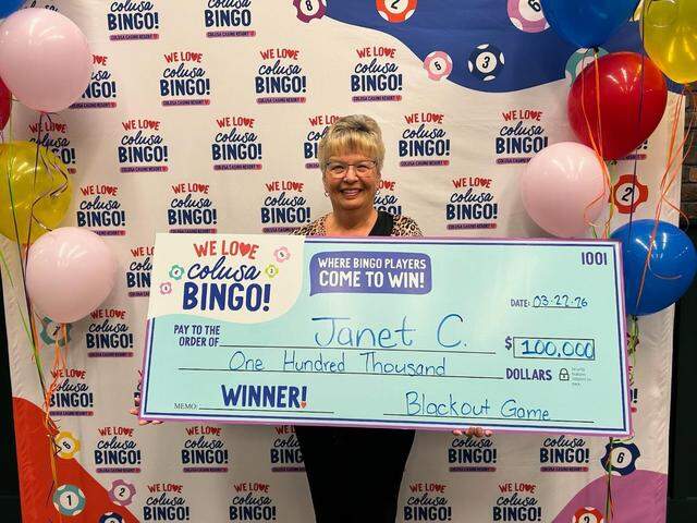 A Colusa Casino player, identified in the photo only as Janet C., won $100,000 during a blackout bingo game on Sunday, March 22, 2026, according to a statement from the casino.